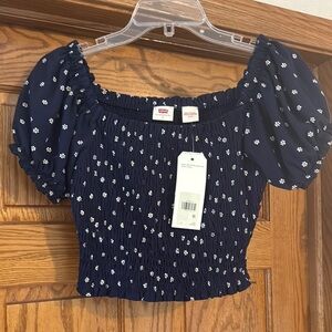 Levi's Blue and White Puff Sleeve Smocked Crop Blouse